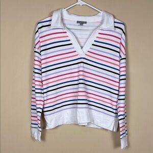 T by Talbots Women’s UPF 50+ Stripe Multicolor Split Neck Polo Long Sleeve Shirt